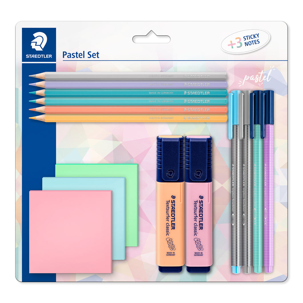 STAEDTLER® 파스텔 세트에는 6개의 색연필, 2개의 텍스트 서퍼, 2개의 파인라이너, 2개의 트라이플러스 컬러 및 3개의 스티커 메모장이 있습니다.